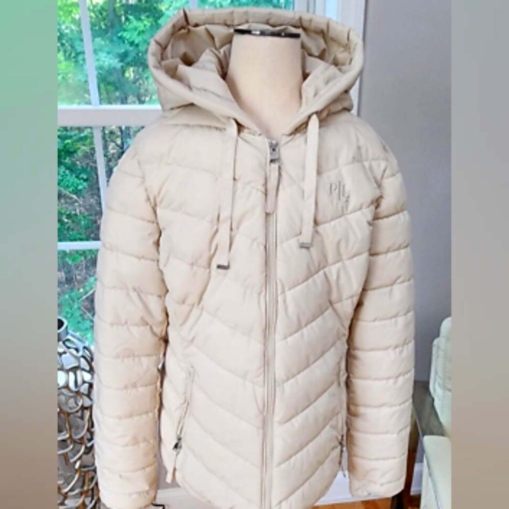 Ralph Lauren Women Size S  Chev Puffer Hooded Cream Jacket Coat $160 NWOT